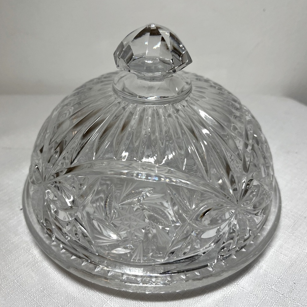 vintage crystal butter dish, American Cut Glass "Eleanor" collection, Pinwheel